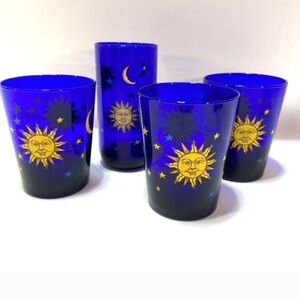 Vintage Libby Celestial Cobalt Blue Glasses Moon Sun Stars Highball Old Fashion